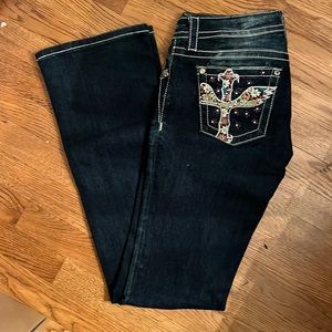 Miss Me Bootcut Jeans with colorful back pocket details, size 28
